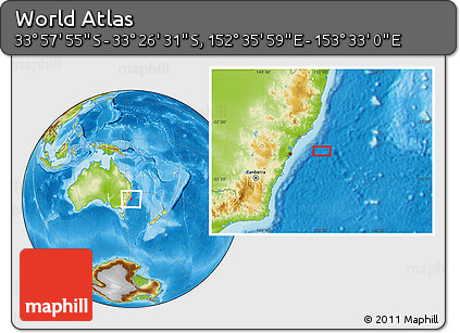 Physical Location Map of the Area around 33° 42' 13" S, 153° 4' 29" E