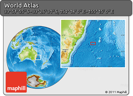 Physical Location Map of the Area around 33° 42' 13" S, 154° 46' 30" E