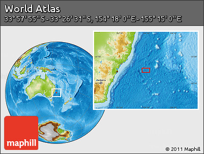 Physical Location Map of the Area around 33° 42' 13" S, 154° 46' 30" E
