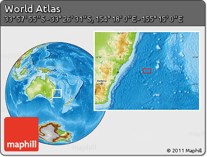 Physical Location Map of the Area around 33° 42' 13" S, 154° 46' 30" E