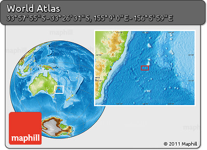 Physical Location Map of the Area around 33° 42' 13" S, 155° 37' 30" E