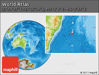 Physical Location Map of the Area around 33° 42' 13" S, 155° 37' 30" E