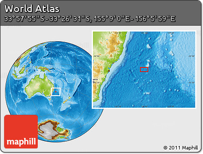 Physical Location Map of the Area around 33° 42' 13" S, 155° 37' 30" E