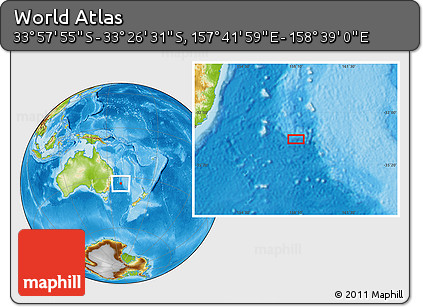 Physical Location Map of the Area around 33° 42' 13" S, 158° 10' 30" E