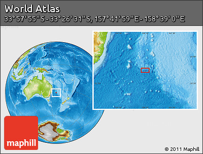 Physical Location Map of the Area around 33° 42' 13" S, 158° 10' 30" E