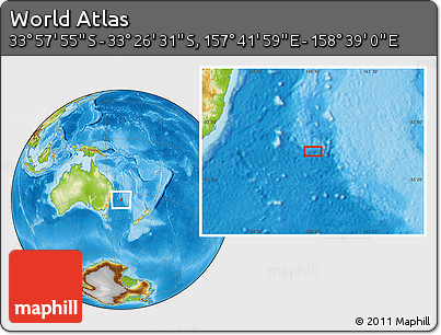 Physical Location Map of the Area around 33° 42' 13" S, 158° 10' 30" E