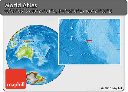 Physical Location Map of the Area around 33° 42' 13" S, 159° 52' 30" E
