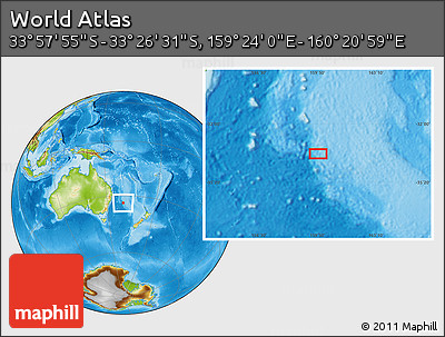 Physical Location Map of the Area around 33° 42' 13" S, 159° 52' 30" E