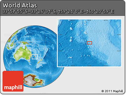 Physical Location Map of the Area around 33° 42' 13" S, 159° 52' 30" E