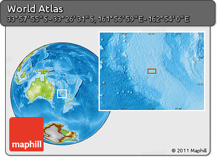 Physical Location Map of the Area around 33° 42' 13" S, 162° 25' 30" E