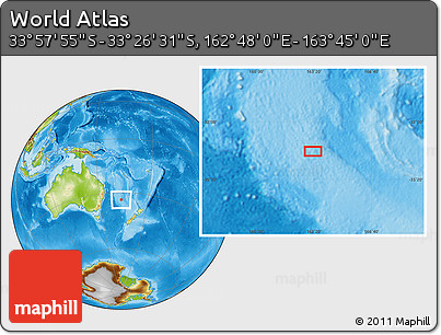 Physical Location Map of the Area around 33° 42' 13" S, 163° 16' 30" E
