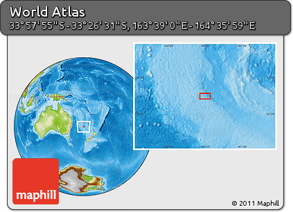 Physical Location Map of the Area around 33° 42' 13" S, 164° 7' 30" E
