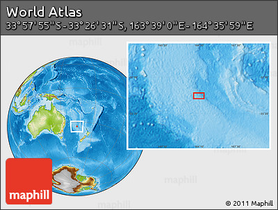 Physical Location Map of the Area around 33° 42' 13" S, 164° 7' 30" E