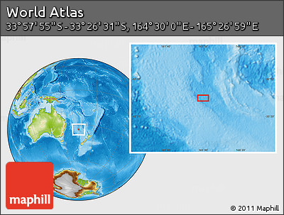 Physical Location Map of the Area around 33° 42' 13" S, 164° 58' 29" E