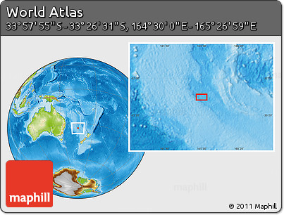 Physical Location Map of the Area around 33° 42' 13" S, 164° 58' 29" E