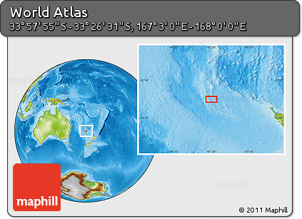 Physical Location Map of the Area around 33° 42' 13" S, 167° 31' 30" E