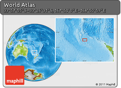 Physical Location Map of the Area around 33° 42' 13" S, 168° 22' 30" E