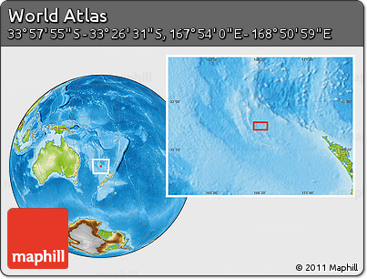 Physical Location Map of the Area around 33° 42' 13" S, 168° 22' 30" E
