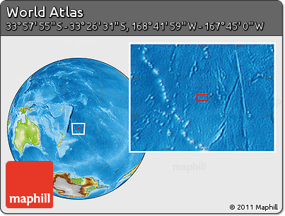Physical Location Map of the Area around 33° 42' 13" S, 168° 13' 29" W