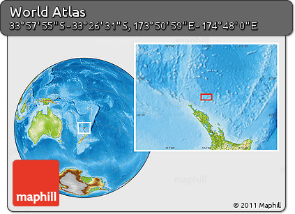 Physical Location Map of the Area around 33° 42' 13" S, 174° 19' 29" E