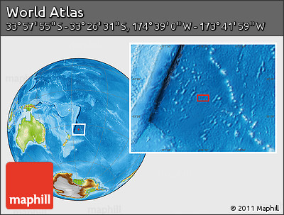 Physical Location Map of the Area around 33° 42' 13" S, 174° 10' 30" W