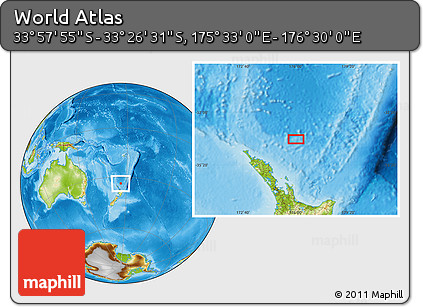 Physical Location Map of the Area around 33° 42' 13" S, 176° 1' 30" E