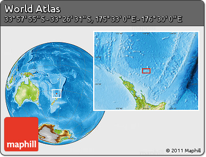 Physical Location Map of the Area around 33° 42' 13" S, 176° 1' 30" E