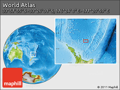 Physical Location Map of the Area around 33° 42' 13" S, 176° 52' 30" E