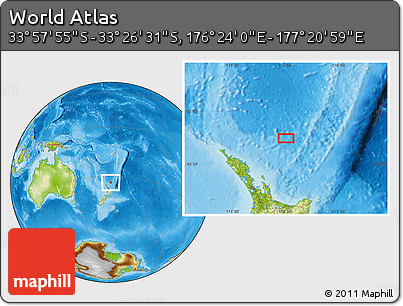 Physical Location Map of the Area around 33° 42' 13" S, 176° 52' 30" E