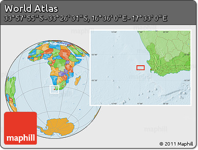 Political Location Map of the Area around 33° 42' 13" S, 17° 4' 30" E