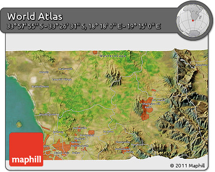 Satellite 3D Map of the Area around 33° 42' 13" S, 18° 46' 29" E