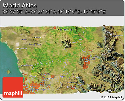 Satellite 3D Map of the Area around 33° 42' 13" S, 18° 46' 29" E