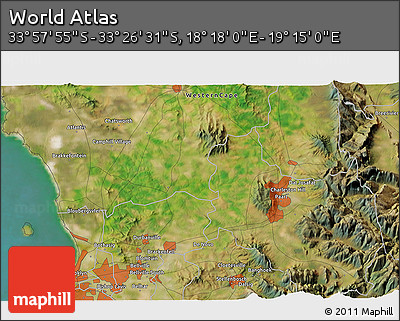 Satellite 3D Map of the Area around 33° 42' 13" S, 18° 46' 29" E