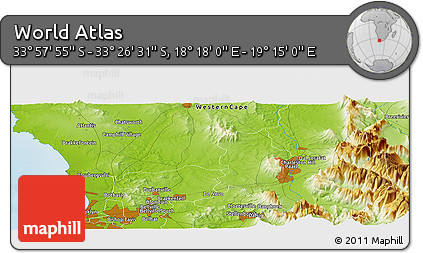 Physical Panoramic Map of the Area around 33° 42' 13" S, 18° 46' 29" E