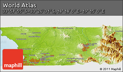 Physical Panoramic Map of the Area around 33° 42' 13" S, 18° 46' 29" E