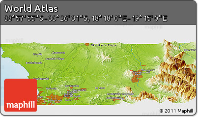 Physical Panoramic Map of the Area around 33° 42' 13" S, 18° 46' 29" E