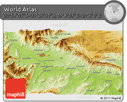 Physical 3D Map of the Area around 33° 42' 13" S, 19° 37' 30" E