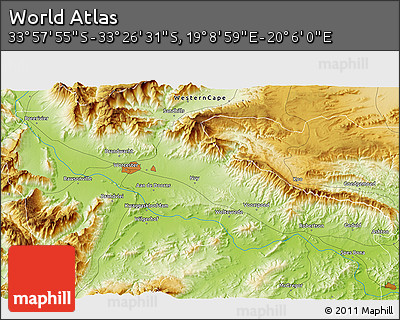 Physical 3D Map of the Area around 33° 42' 13" S, 19° 37' 30" E