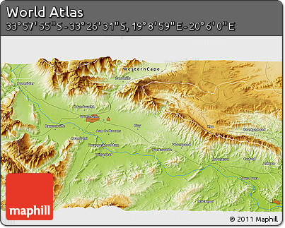 Physical 3D Map of the Area around 33° 42' 13" S, 19° 37' 30" E