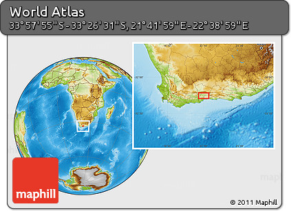Physical Location Map of the Area around 33° 42' 13" S, 22° 10' 29" E