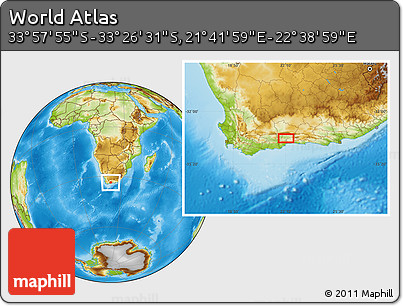 Physical Location Map of the Area around 33° 42' 13" S, 22° 10' 29" E
