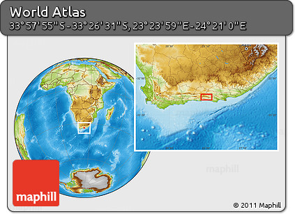 Physical Location Map of the Area around 33° 42' 13" S, 23° 52' 30" E