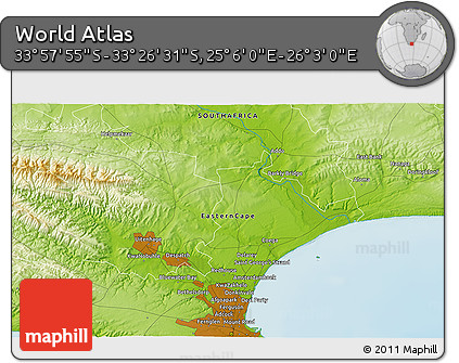 Physical 3D Map of the Area around 33° 42' 13" S, 25° 34' 30" E