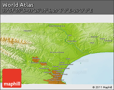 Physical 3D Map of the Area around 33° 42' 13" S, 25° 34' 30" E