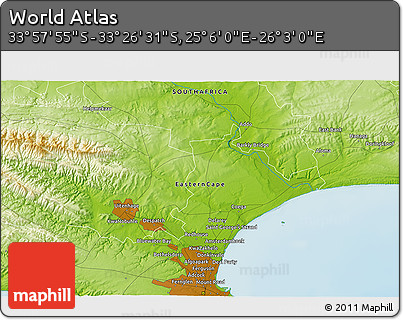 Physical 3D Map of the Area around 33° 42' 13" S, 25° 34' 30" E
