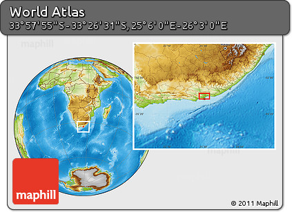 Physical Location Map of the Area around 33° 42' 13" S, 25° 34' 30" E