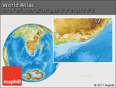 Physical Location Map of the Area around 33° 42' 13" S, 25° 34' 30" E