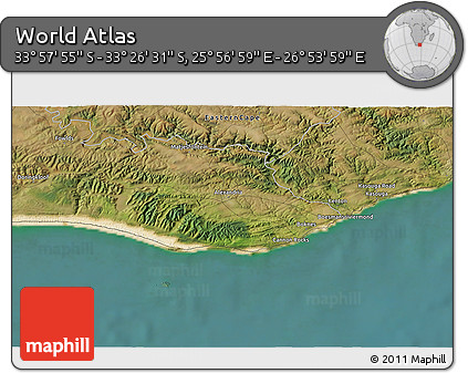 Satellite 3D Map of the Area around 33° 42' 13" S, 26° 25' 29" E