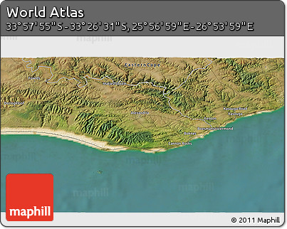 Satellite 3D Map of the Area around 33° 42' 13" S, 26° 25' 29" E