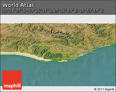 Satellite 3D Map of the Area around 33° 42' 13" S, 26° 25' 29" E